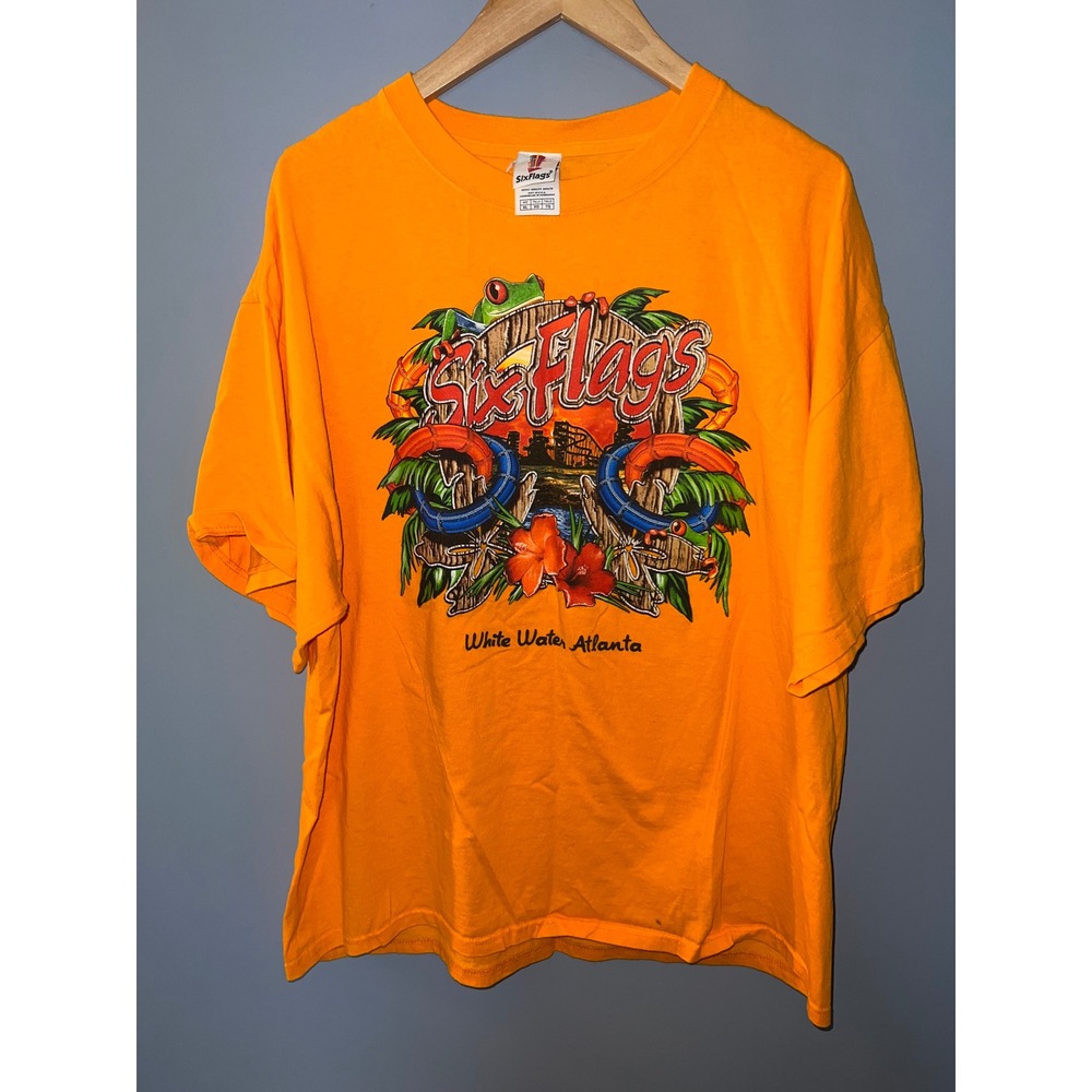 Six Flags White Water Atlanta Vintage‎ Graphic T-Shirt Orange Mens XL Frog Logo